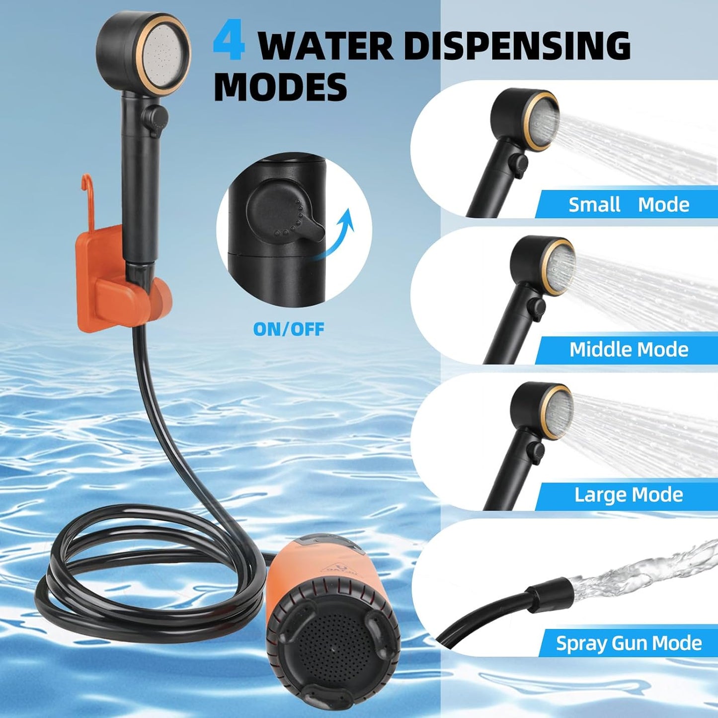 Portable Rechargeable Outdoor Shower with LED Light (Orange)