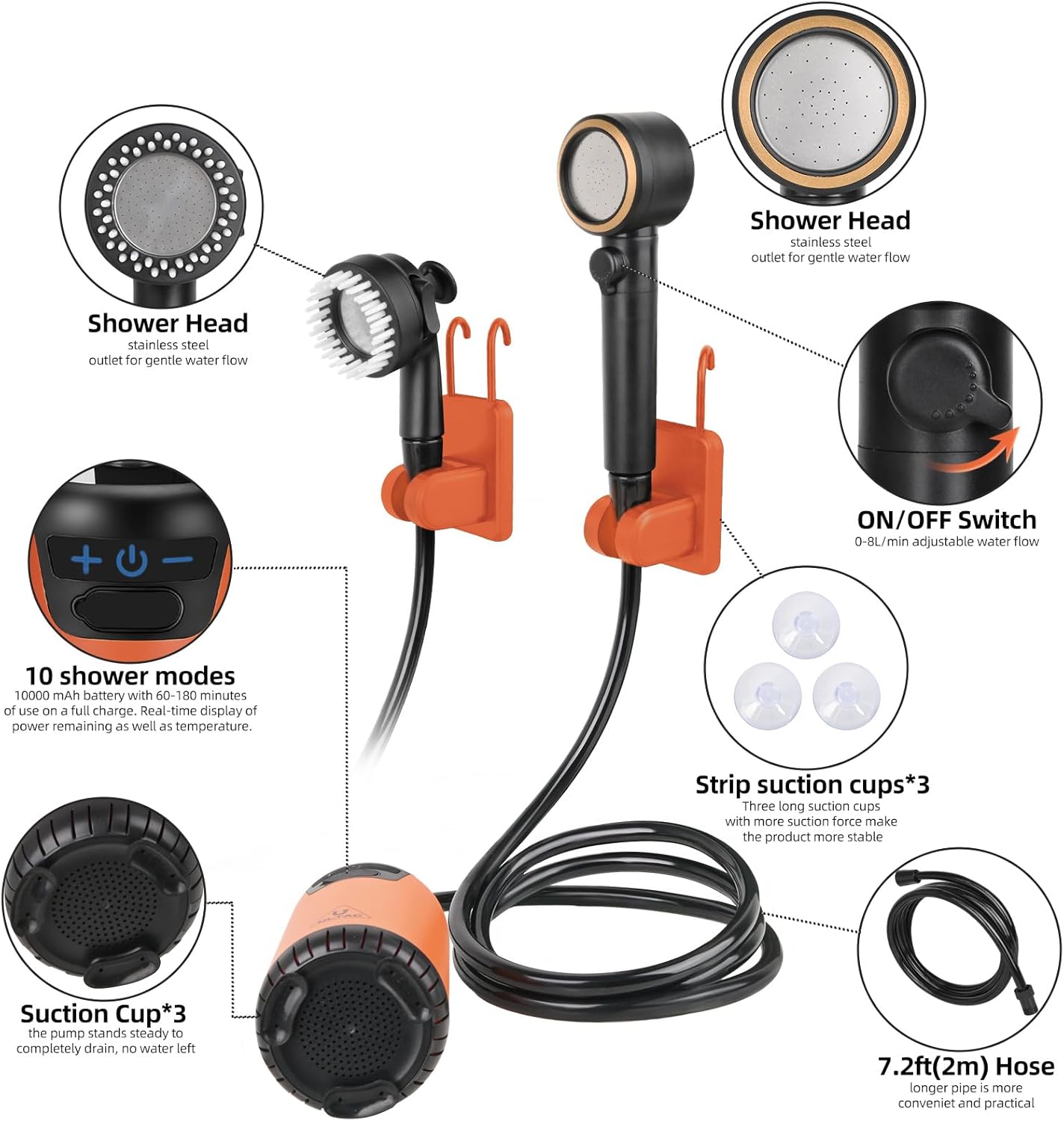 Portable Rechargeable Outdoor Shower with LED Light (Orange)