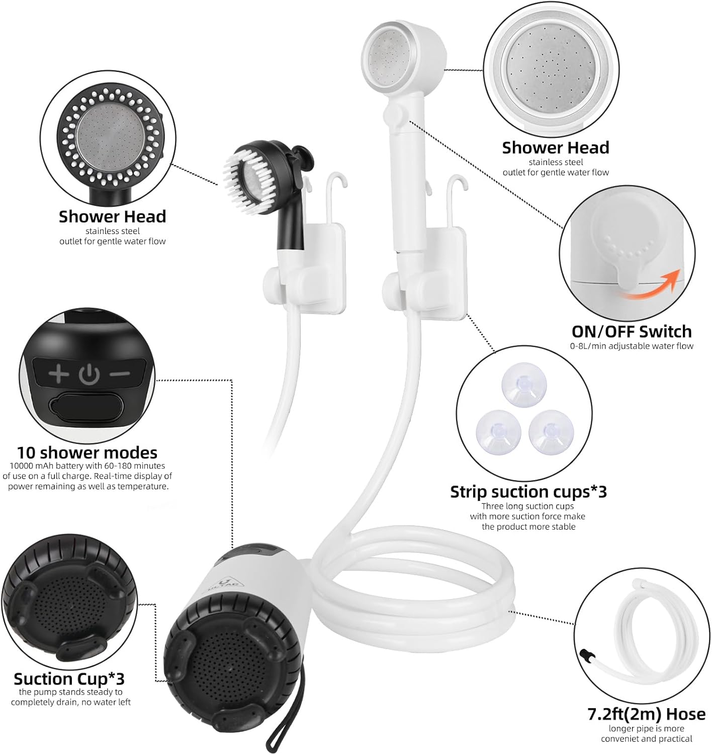 Portable Rechargeable Outdoor Shower with LED Light (White)