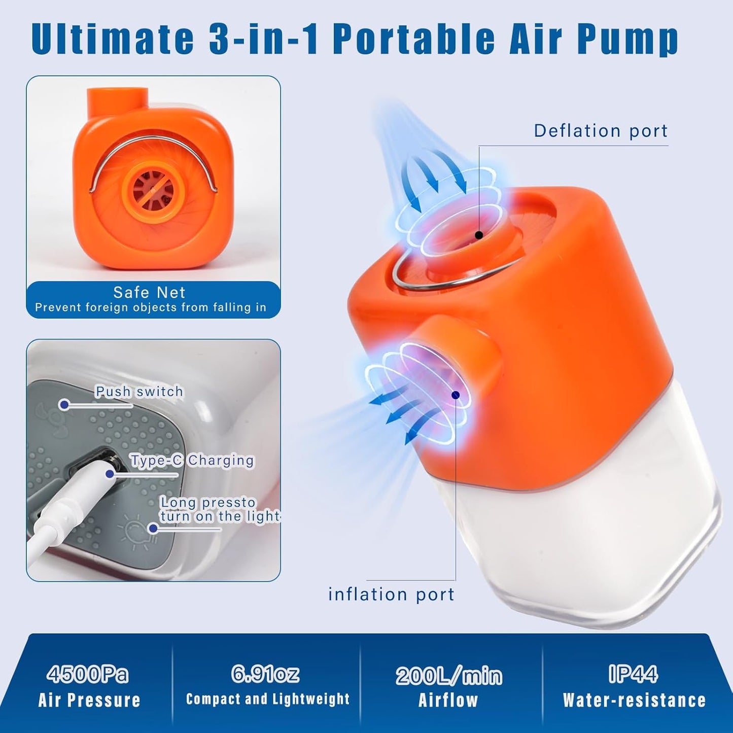 Portable Electric Air Pump with Camping Light(Orange)
