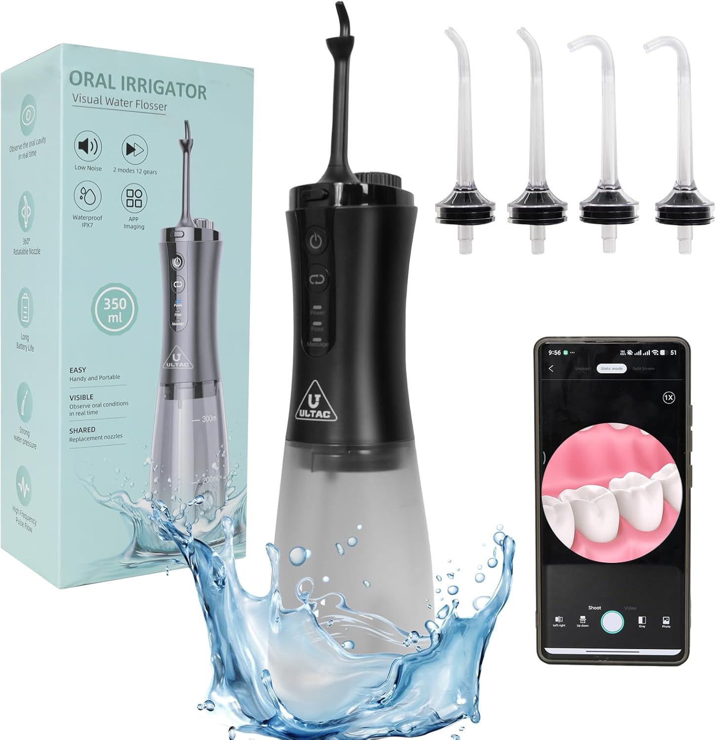 Cordless Water Flosser with Camera, 350ml