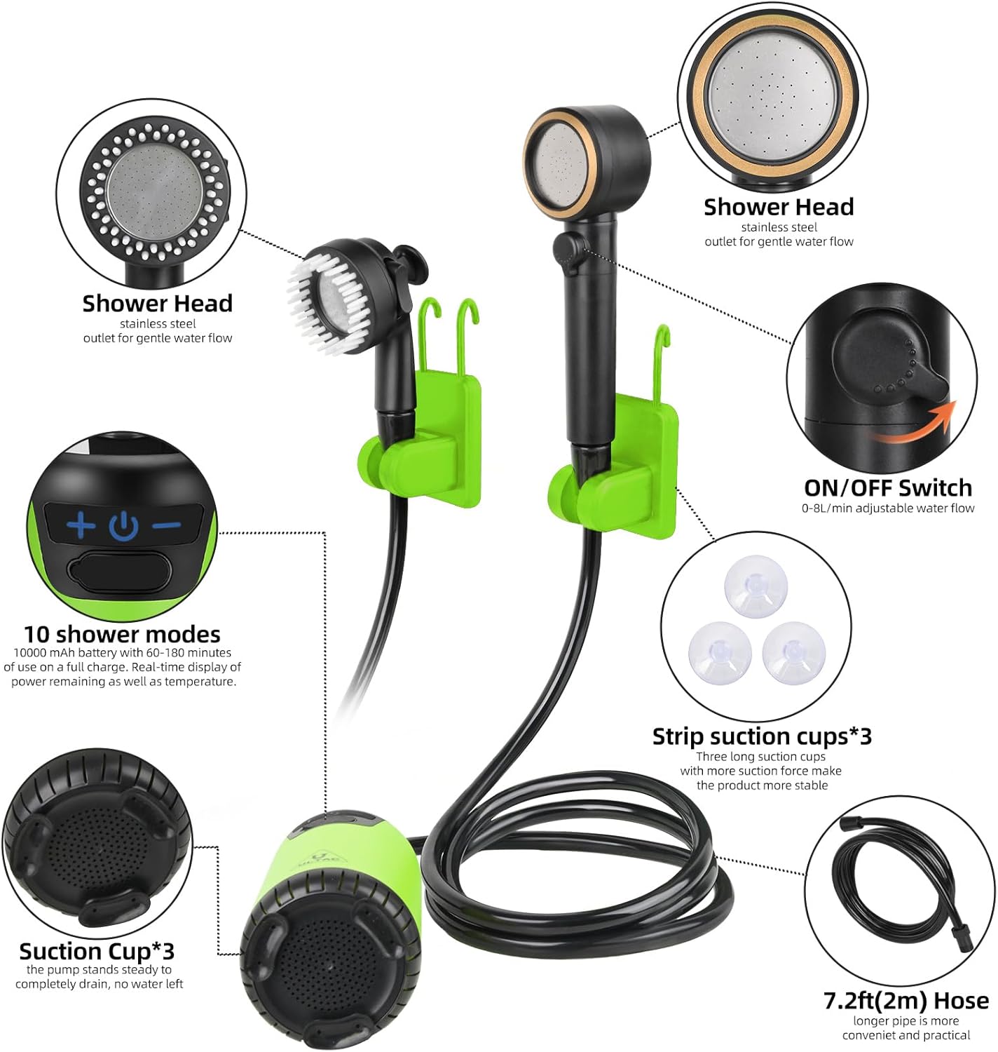 Portable Rechargeable Outdoor Shower with LED Light (Green)