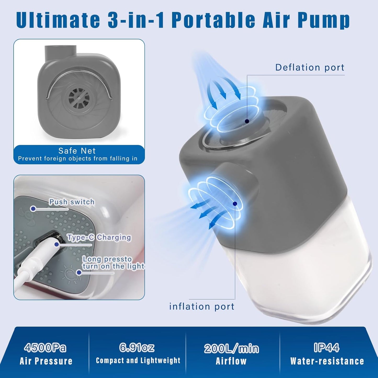 Portable Electric Air Pump with Camping Light(Gray)